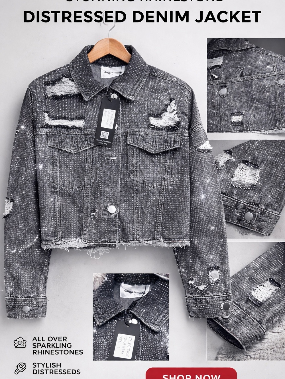 Distressed Rhinestone Black Cropped Denim Jacket